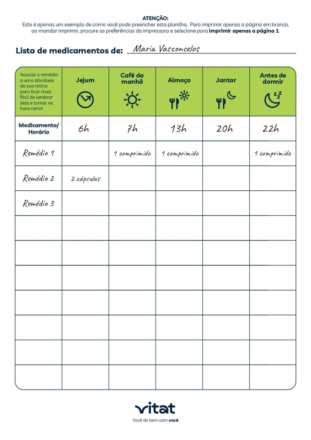Planilha de organização de medicamentos Vitat