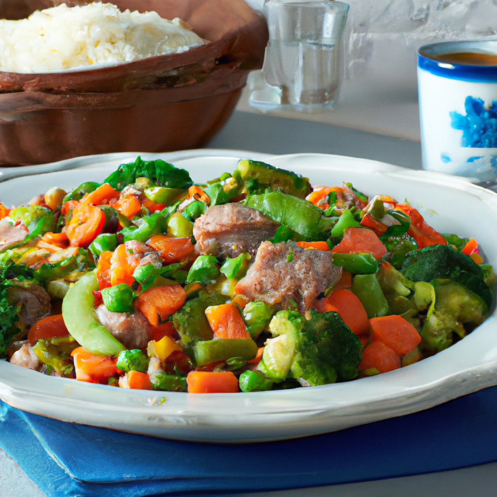 Arroz com legumes e carne de soja