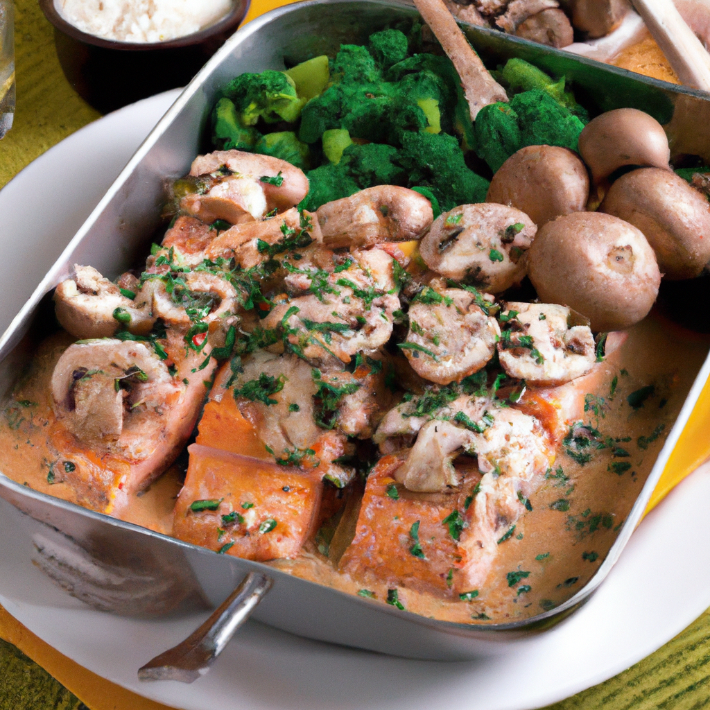 Salmão assado com alcaparras e champignon