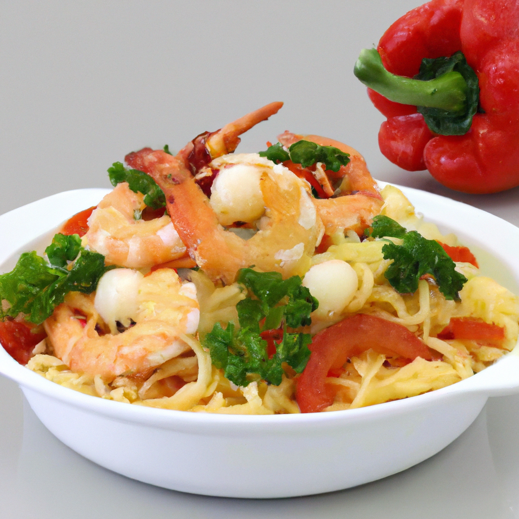 Macarrao com legumes e camarao