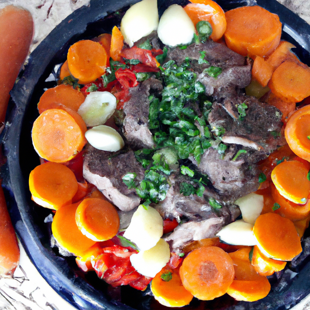 Bife de panela com tomate, cenoura, cebola e azeitona.