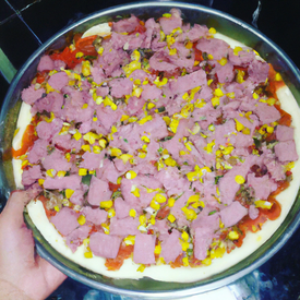 pizza de mussarela presunto, milho palmito e frango
