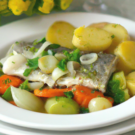 peixe com batata e legumes.