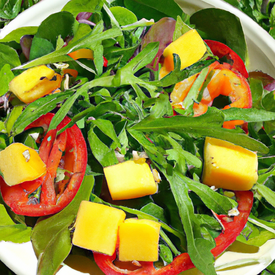 Salada de rúcula, pepino, tomate e manga