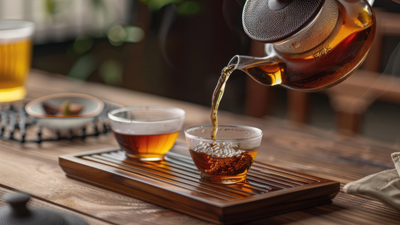 pessoa colocando chá preto em uma xícara de vidro, que está em cima de uma bancada de madeira, ao lado de outra xícara de chá preto