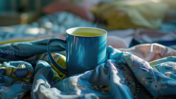 chá para dormir em uma xícara azul em cima de uma cama com um cobertor azul