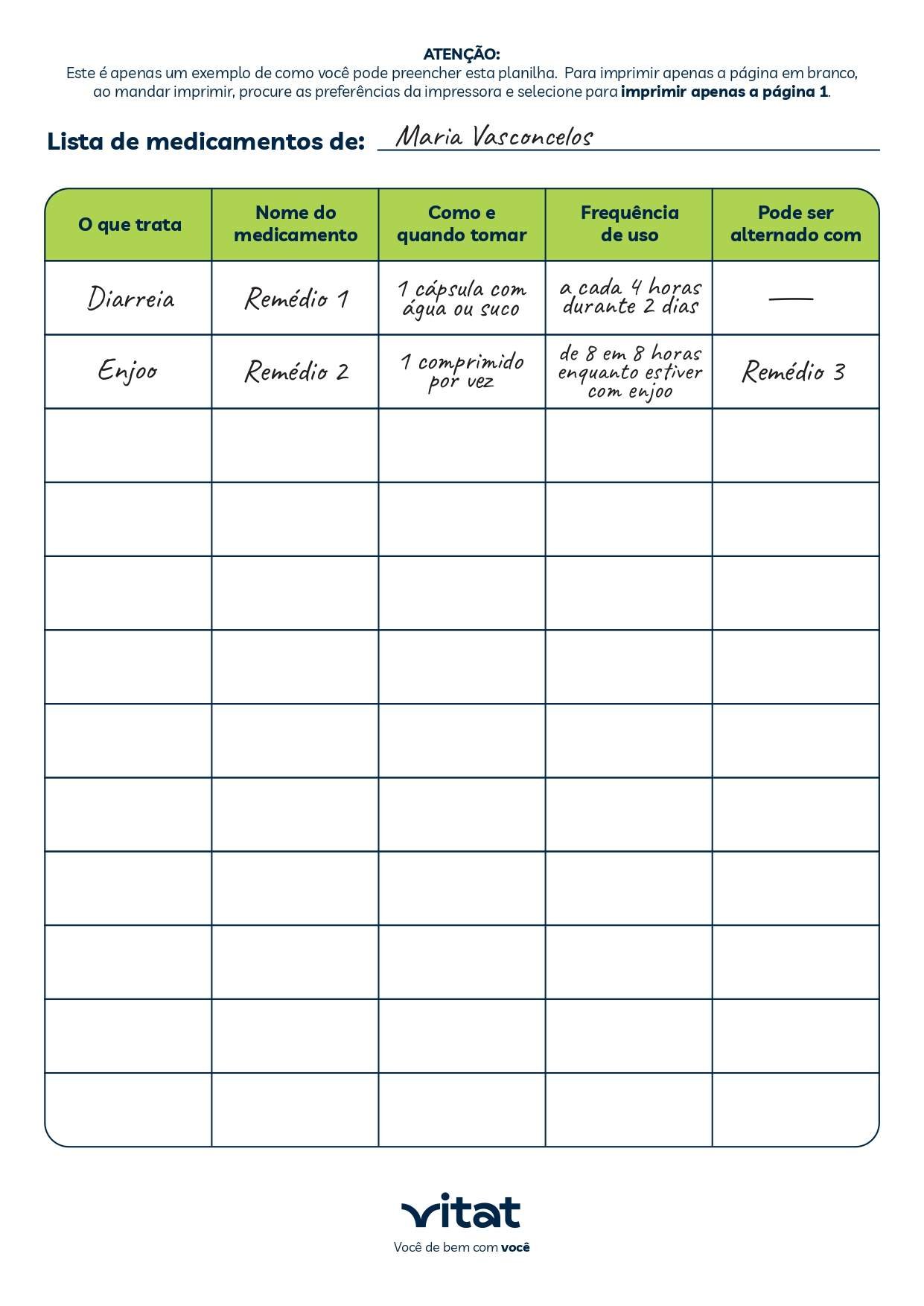 Planilha de organização de medicamentos Vitat