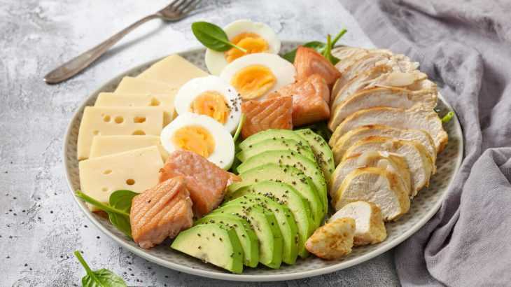 foto mostra um prato típico da dieta Atkins, com frango, ovos cozidos, abacate e salmão. Ao lado, um guardanapo de pano e um garfo