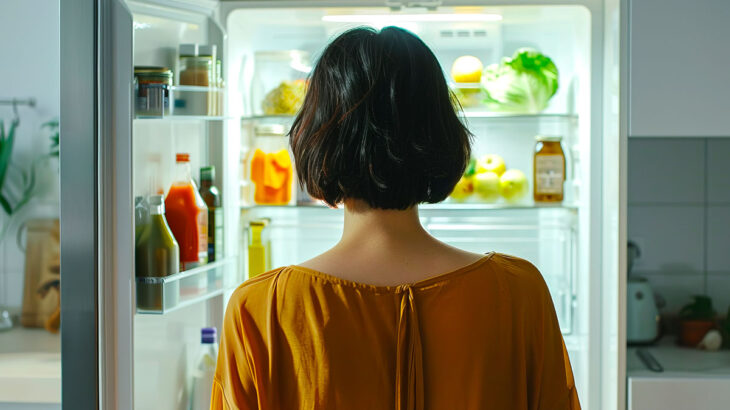 mulher olhando para a geladeira aberta