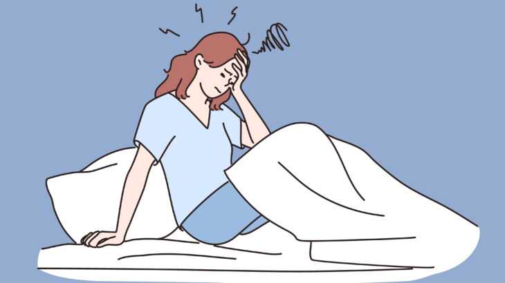 ilustração de mulher cansada despertando na cama
