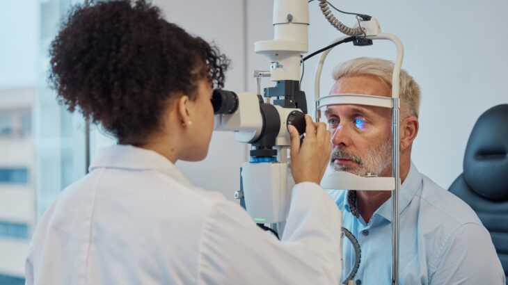 homem fazendo exames oculares com uma oftalmologista