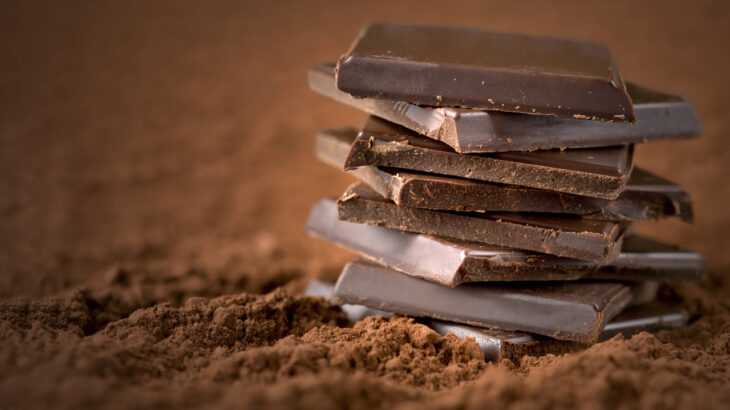 foto mostra pedaços de chocolate amargo empilhados ao lado de cacau em pó