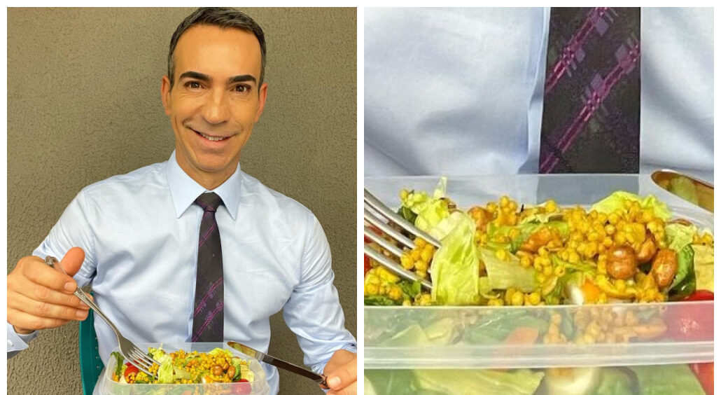 a foto mostra duas imagens: à esquerda, o apresentador de TV Cesar Tralli comendo uma marmita de salada; à direita, um zoom da marmita