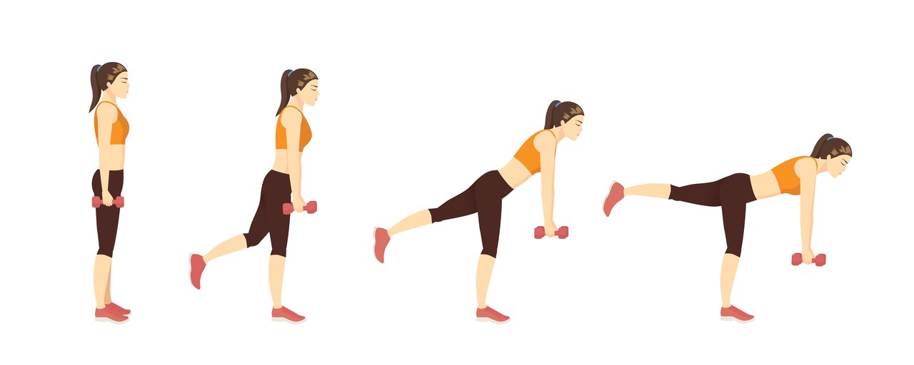 ilustração mostrando o passo a passo de como fazer o exercício stiff unilateral