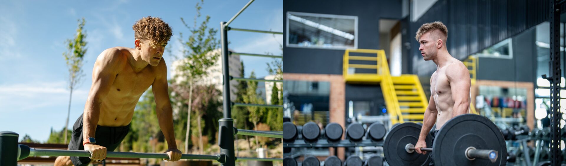 um homem praticando calistenia do lado esquerdo, e um homem praticando musculação do lado direito