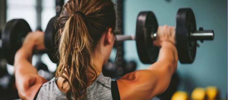 foto mostra uma mulher de costas fazendo o exercício elevação frontal na academia