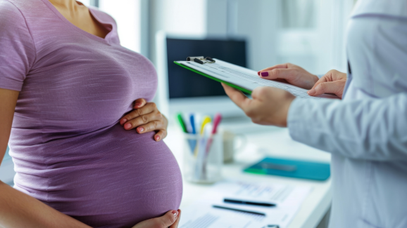 Mulher grávida ao lado de um médico, que está olhando uma prancheta, explicando as doenças mais comuns na gravidez